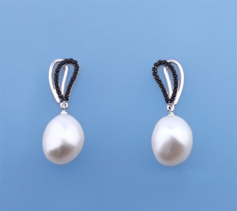 Sterling Silver Earrings with 11-12mm White Oval Shape freshwater Pearl and Black Spinel - Wing Wo Hing Jewelry Group - Pearl Jewelry Manufacturer