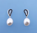 Sterling Silver Earrings with 11-12mm White Oval Shape freshwater Pearl and Black Spinel - Wing Wo Hing Jewelry Group - Pearl Jewelry Manufacturer