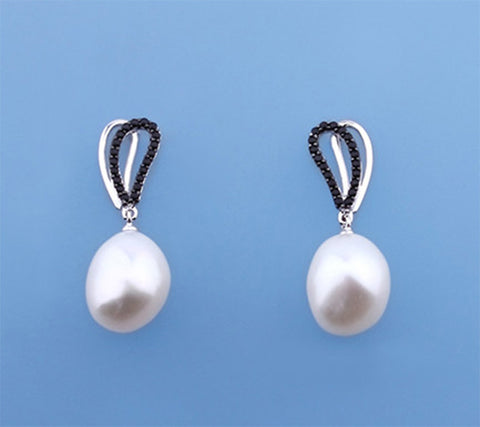 Sterling Silver Earrings with 11-12mm White Oval Shape freshwater Pearl and Black Spinel