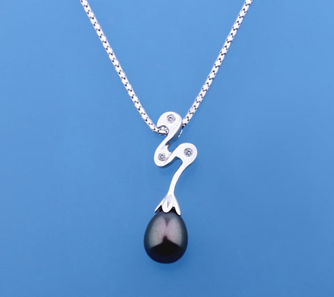 Sterling Silver Pendant with 8-8.5mm Oval Shape Freshwater Pearl and Diamond
