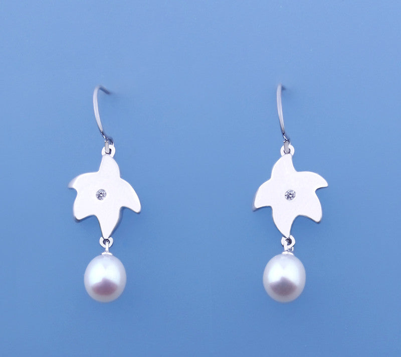 Sterling Silver Earrings with 6.5-7mm Oval Shape Freshwater Pearl and Diamond - Wing Wo Hing Jewelry Group - Pearl Jewelry Manufacturer