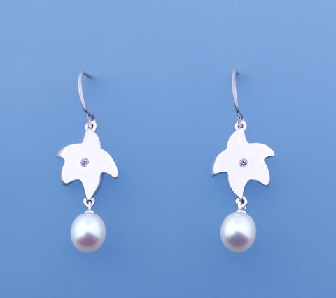 Sterling Silver Earrings with 6.5-7mm Oval Shape Freshwater Pearl and Diamond