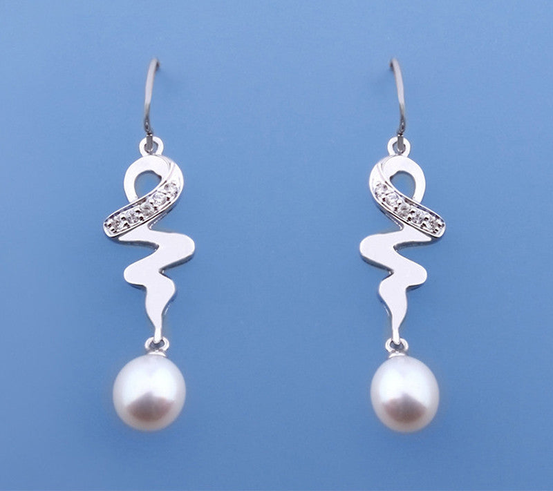 Sterling Silver Earrings with 7.5-8mm Drop Shape Freshwater Pearl and Cubic Zirconia - Wing Wo Hing Jewelry Group - Pearl Jewelry Manufacturer