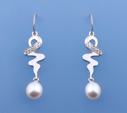 Sterling Silver Earrings with 7.5-8mm Drop Shape Freshwater Pearl and Cubic Zirconia