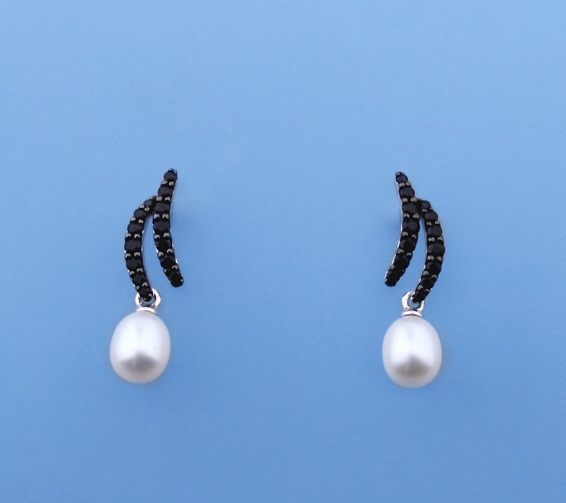 Sterling Silver Earrings with 6-6.5mm Drop Shape Freshwater Pearl and Black Spinel - Wing Wo Hing Jewelry Group - Pearl Jewelry Manufacturer