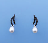 Sterling Silver Earrings with 6-6.5mm Drop Shape Freshwater Pearl and Black Spinel - Wing Wo Hing Jewelry Group - Pearl Jewelry Manufacturer