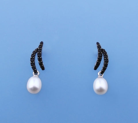 Sterling Silver Earrings with 6-6.5mm Drop Shape Freshwater Pearl and Black Spinel