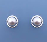 Sterling Silver Earrings with 9-9.5mm Button Shape Freshwater Pearl and Diamond - Wing Wo Hing Jewelry Group - Pearl Jewelry Manufacturer