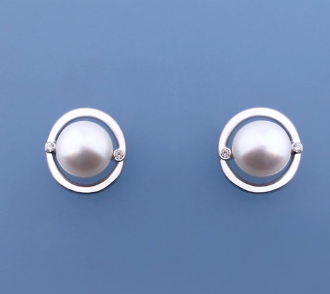 Sterling Silver Earrings with 9-9.5mm Button Shape Freshwater Pearl and Diamond