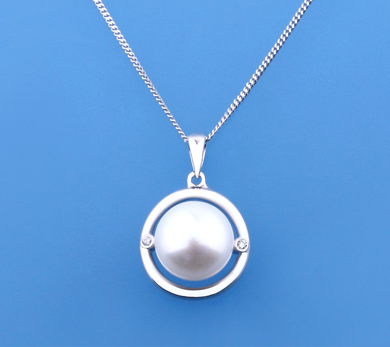 Sterling Silver Pendant with 11-11.5mm Button Shape Freshwater Pearl and Diamond - Wing Wo Hing Jewelry Group - Pearl Jewelry Manufacturer