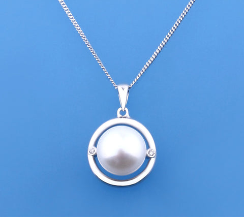Sterling Silver Pendant with 11-11.5mm Button Shape Freshwater Pearl and Diamond