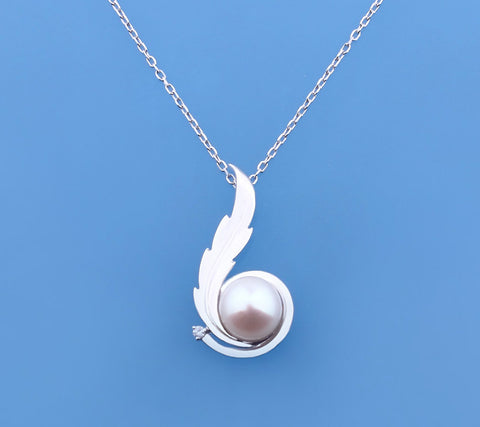 Sterling Silver Pendant with 11-11.5mm Button Shape Freshwater Pearl and Diamond