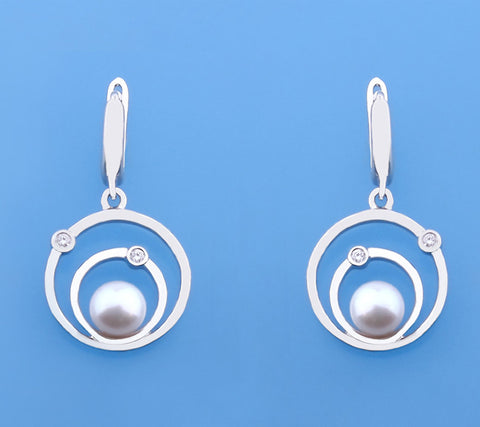 Sterling Silver Earrings with 6.5-7mm Button Shape Freshwater Pearl and Diamond