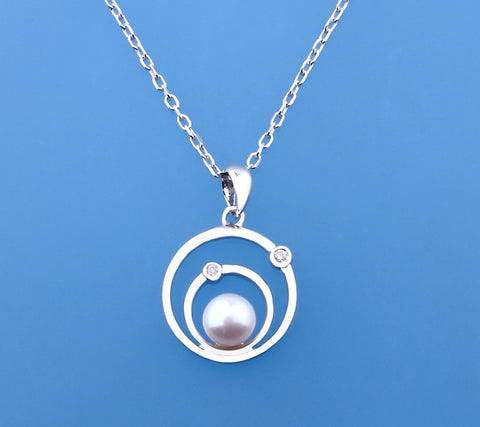Sterling Silver Pendant with 6.5-7mm Button Shape Freshwater Pearl and Diamond