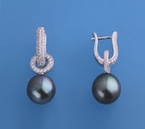 Sterling Silver Earrings with 11-12mm Drop Shape Tahitian Pearl and Cubic Zirconia - Wing Wo Hing Jewelry Group - Pearl Jewelry Manufacturer