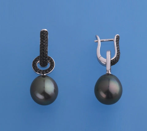 Sterling Silver Earrings with 11-12mm Drop Shape Tahitian Pearl and Black Spinel
