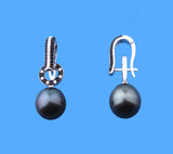 Sterling Silver Earrings with 11-12mm Drop Shape Tahitian Pearl, Black Spinel and Cubic Zirconia - Wing Wo Hing Jewelry Group - Pearl Jewelry Manufacturer