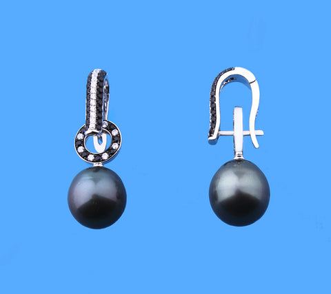 Sterling Silver Earrings with 11-12mm Drop Shape Tahitian Pearl, Black Spinel and Cubic Zirconia