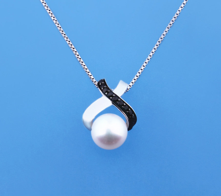Sterling Silver Pendant with 7-7.5mm White Button Shape Freshwater Pearl and Cubic Zirconia - Wing Wo Hing Jewelry Group - Pearl Jewelry Manufacturer