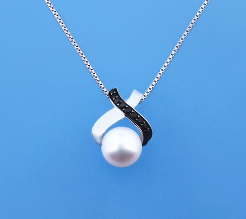 Sterling Silver Pendant with 7-7.5mm White Button Shape Freshwater Pearl and Cubic Zirconia