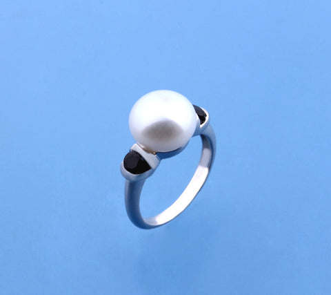 Sterling Silver Ring with 11-11.5mm Button Shape Freshwater Pearl and Black Spinel