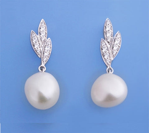 Sterling Silver Earrings with 11-12mm Oval Shape Freshwater Pearl and Cubic Zirconia