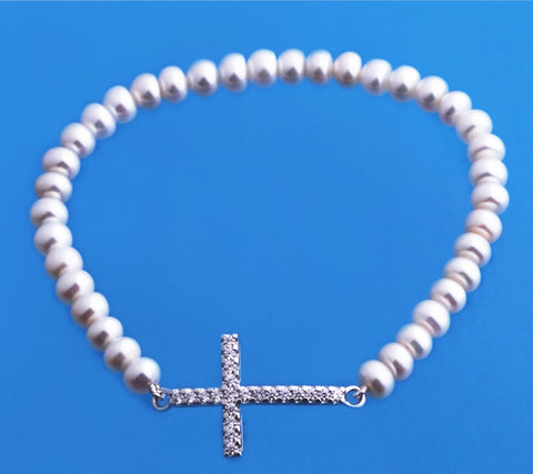 Sterling Silver Bracelet with 5-5.5mm Button Shape Freshwater Pearl and Cubic Zirconia