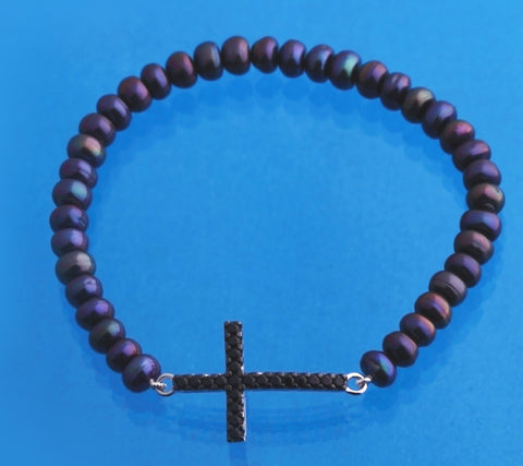 Sterling Silver Bracelet with 5-5.5mm Button Shape Freshwater Pearl and Black Spinel