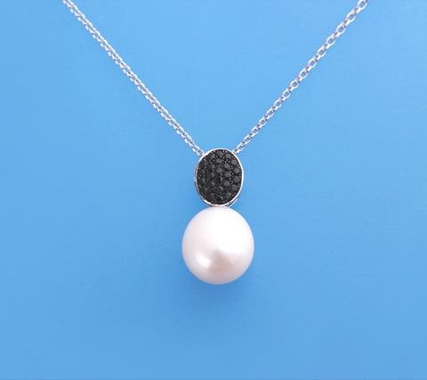 Sterling Silver Pendant with 11-12mm Drop Shape Freshwater Pearl and Black Spinel