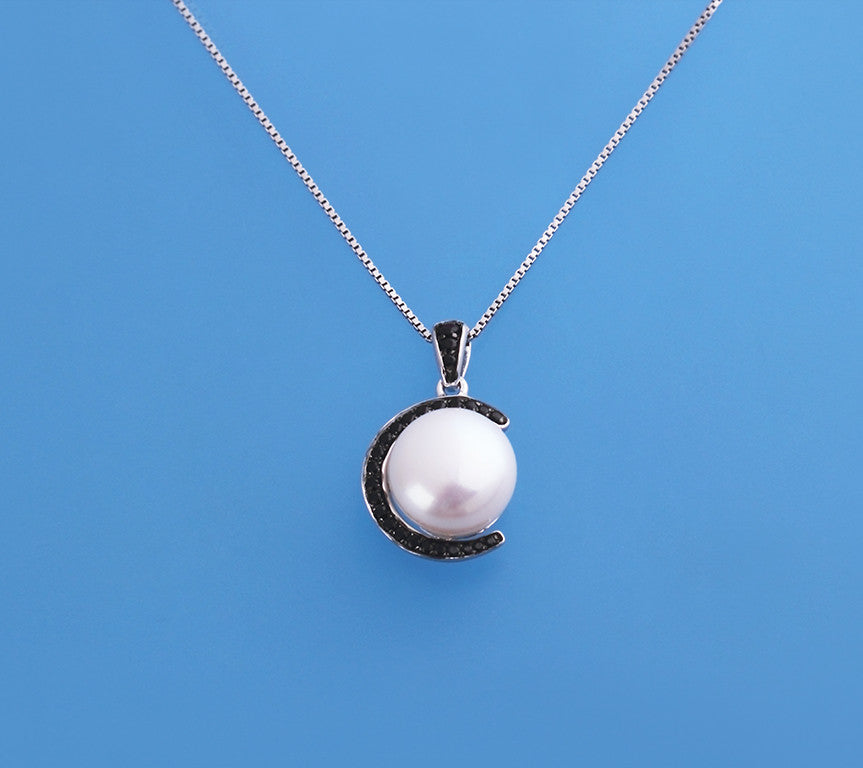 Sterling Silver Pendant with 10.5-11mm Button Shape Freshwater Pearl and Black Spinel - Wing Wo Hing Jewelry Group - Pearl Jewelry Manufacturer