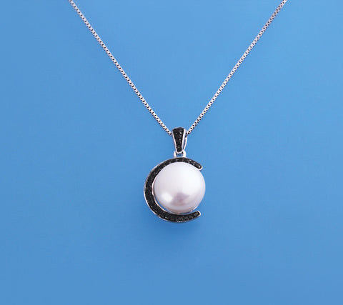Sterling Silver Pendant with 10.5-11mm Button Shape Freshwater Pearl and Black Spinel