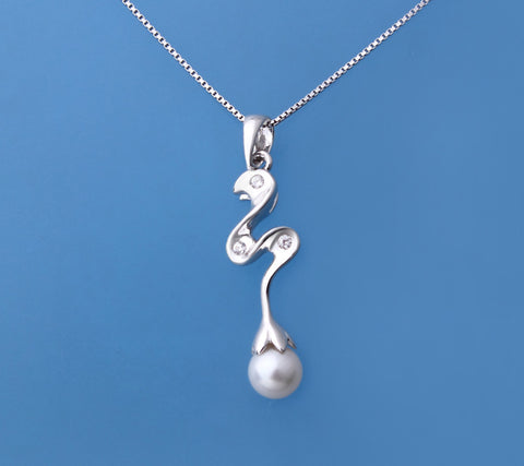 Sterling Silver Pendant with 5.5-6mm Round Shape Freshwater Pearl and Cubic Zirconia