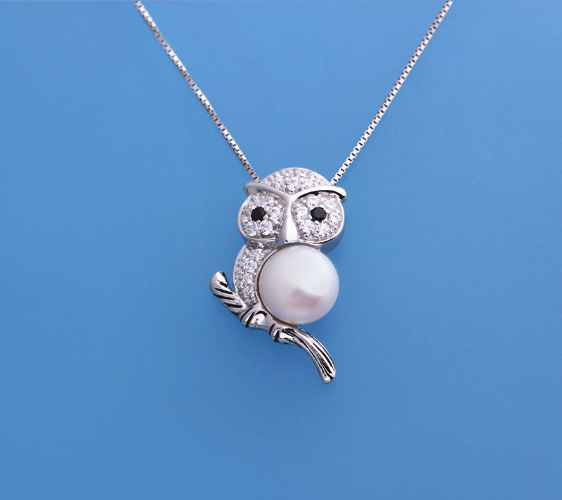 Sterling Silver Pendant with 8.5-9mm Button Shape Freshwater Pearl, Cubic Zirconia and Black Spinel - Wing Wo Hing Jewelry Group - Pearl Jewelry Manufacturer