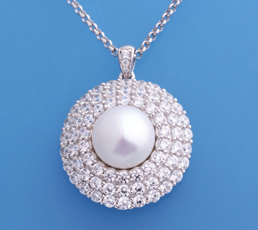 Sterling Silver Pendant with 11-11.5mm Button Shape Freshwater Pearl and Cubic Zirconia - Wing Wo Hing Jewelry Group - Pearl Jewelry Manufacturer