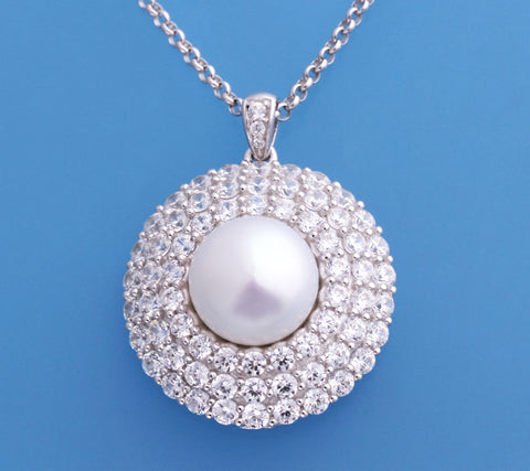 Sterling Silver Pendant with 11-11.5mm Button Shape Freshwater Pearl and Cubic Zirconia