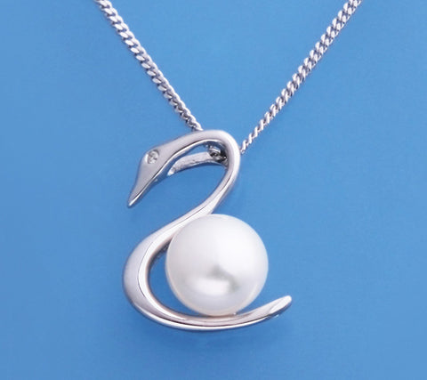 Sterling Silver Pendant with 7.5-8mm Button Shape Freshwater Pearl and Diamond