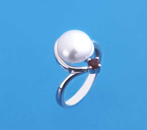 Sterling Silver Ring with 9.5-10mm Button Shape Freshwater Pearl and Garnet