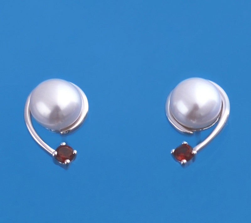 Sterling Silver Earrings with 9.5-10mm Button Shape Freshwater Pearl and Garnet - Wing Wo Hing Jewelry Group - Pearl Jewelry Manufacturer
