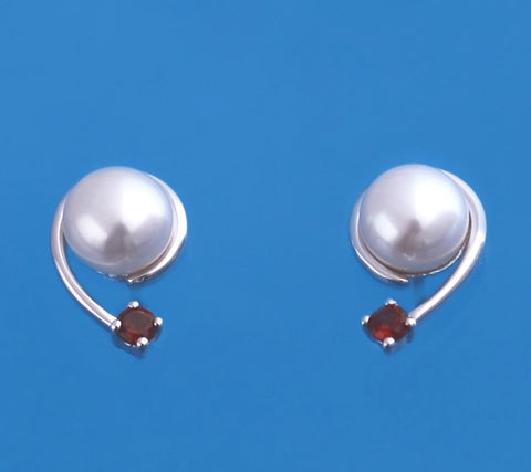 Sterling Silver Earrings with 9.5-10mm Button Shape Freshwater Pearl and Garnet