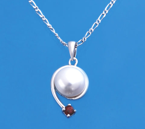 Sterling Silver Pendant with 9-9.5mm Button Shape Freshwater Pearl and Garnet