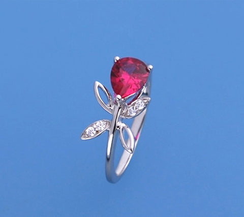 Sterling Silver Ring with Red Corundum and Cubic Zirconia