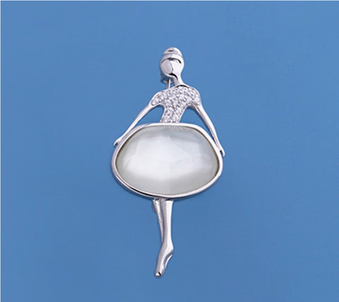 Sterling Silver Brooch with Cubic Zirconia and Mother of Pearl