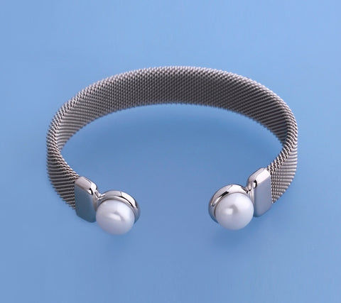 Sterling Silver Bangle with 10-10.5mm Button Shape Freshwater Pearl