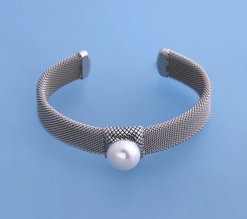 Sterling Silver Bangle with 12-12.5mm Button Shape Freshwater Pearl