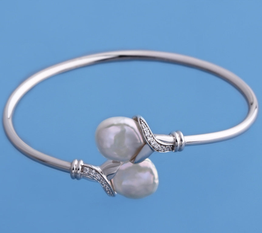 Sterling Silver Bangle with 12-13mm Baroque Shape Freshwater Pearl and Cubic Zirconia - Wing Wo Hing Jewelry Group - Pearl Jewelry Manufacturer
