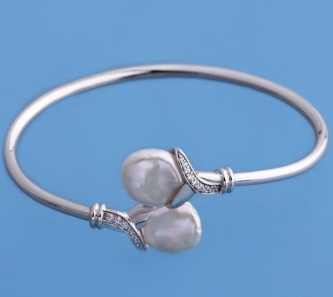 Sterling Silver Bangle with 12-13mm Baroque Shape Freshwater Pearl and Cubic Zirconia