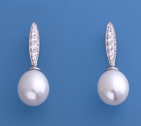 Sterling Silver with 9-9.5mm Drop Shape Freshwater Pearl and Cubic Zirconia Earrings