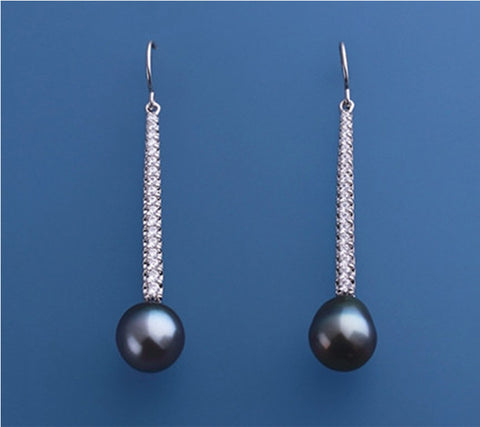 Sterling Silver Earrings with 10.5-11mm Drop Shape Tahitian Pearl and Cubic Zirconia