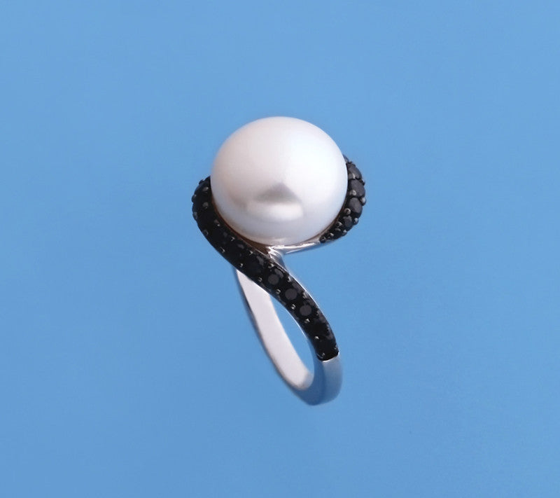 Sterling Silver Ring with 11.5-12mm Button Shape Freshwater Pearl and Black Spinel - Wing Wo Hing Jewelry Group - Pearl Jewelry Manufacturer