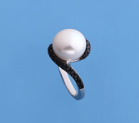 Sterling Silver Ring with 11.5-12mm Button Shape Freshwater Pearl and Black Spinel